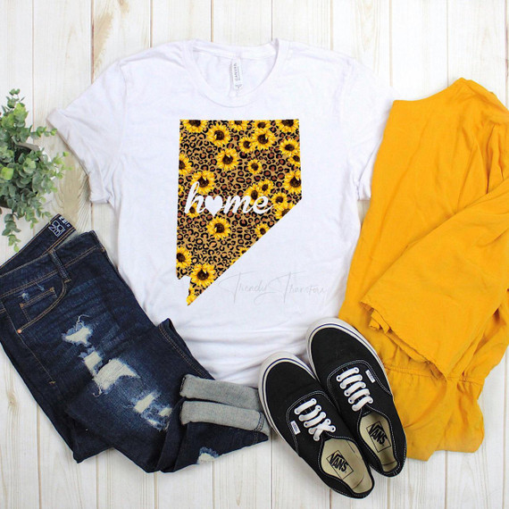 Nevada Leopard Sunflower home Sublimation Transfer T-shirt, featuring a sunflower and leopard print design with the word 'home' on it.