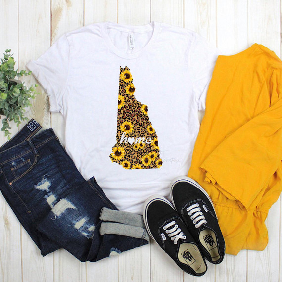 New Hampshire Leopard Sunflower home Sublimation Transfer, t-shirt with a leopard and sunflower pattern shaped like the state of New Hampshire with the word 'home' written on it.