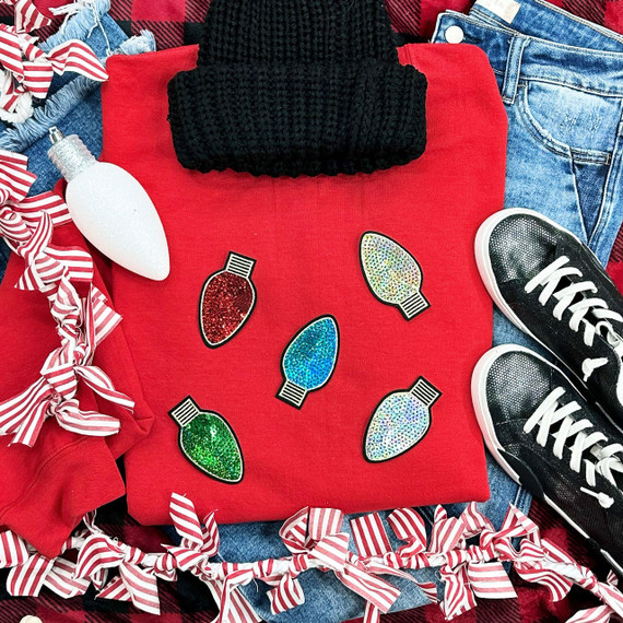 Sequin Bulb Patch BUNDLE, assorted Christmas string light designs in various colors and patterns with glitter embellishments.