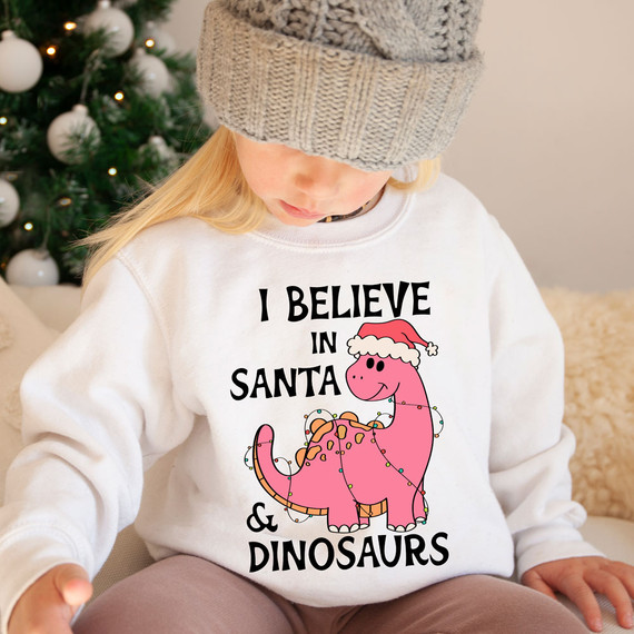 I Believe In Santa & Dinosaurs Pink DTF Heat Transfer