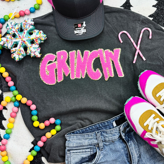 Pink Grinchy Chenille Patch, colorful and glittery decorative patch for clothing or accessories.