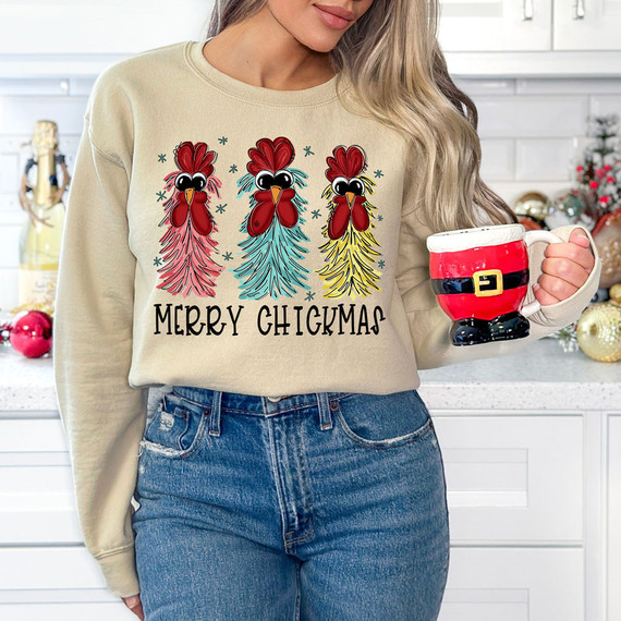 Merry Chickmas BLACK DTF Heat Transfer, holiday-themed sweatshirt with cartoon chicken characters and Christmas text.