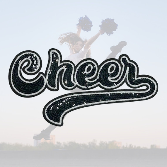 Black Cheer Sequin Patch, embroidered cheerleading banner with shiny black sequins.