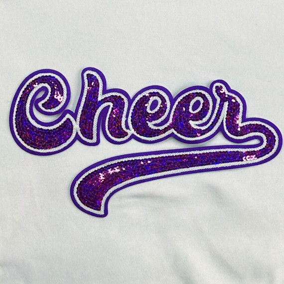 Purple Cheer Sequin Patch, colorful sequined cheer word patch on white background