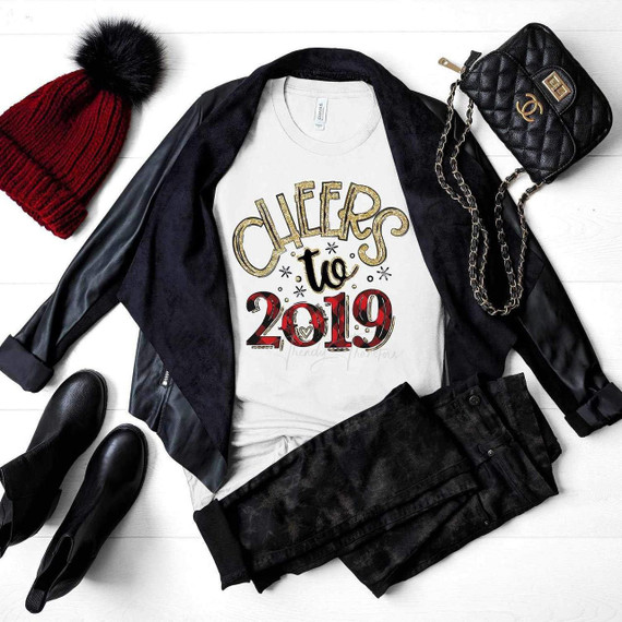 Cheers to 2019 Sublimation Transfer, a white T-shirt with a festive design and text celebrating the year 2019