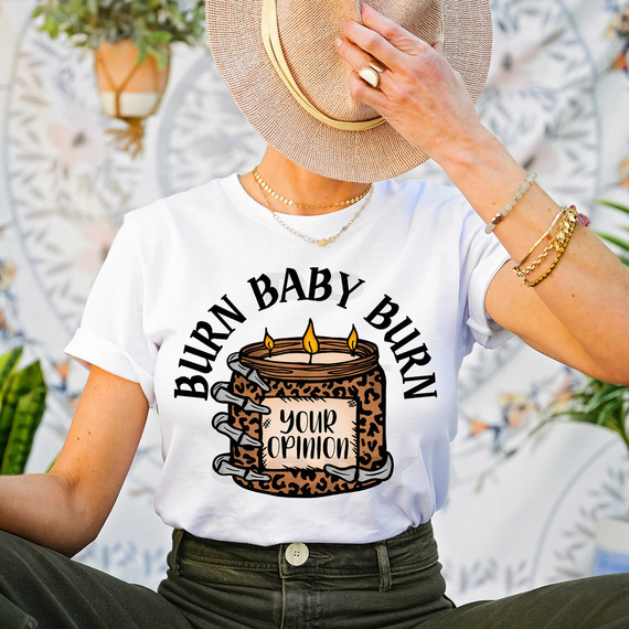 Burn Baby Burn DTF Heat Transfer, humorous graphic t-shirt with a burning candle design and personalized text.