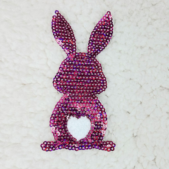 Pink Sequin Bunny Pocket Sized Patch, pink and purple sequin bunny with a heart-shaped cutout on a white background.