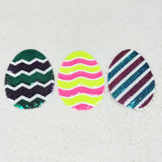 Sequin Easter Eggs Pocket Sized Patch BUNDLE, three colorful sequin Easter egg patches with zigzag and stripe patterns for Easter decoration and sewing projects.