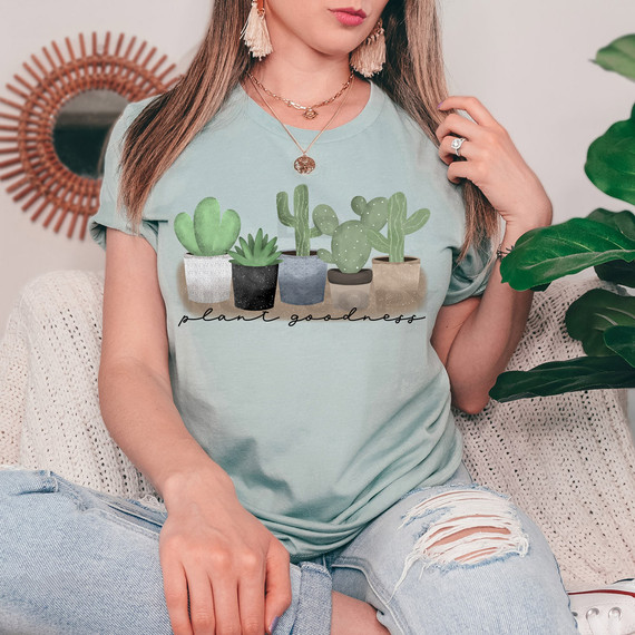 Plant Goodness Boho DTF Heat Transfer, a printed graphic of potted cacti and succulent plants on a woman's T-shirt.