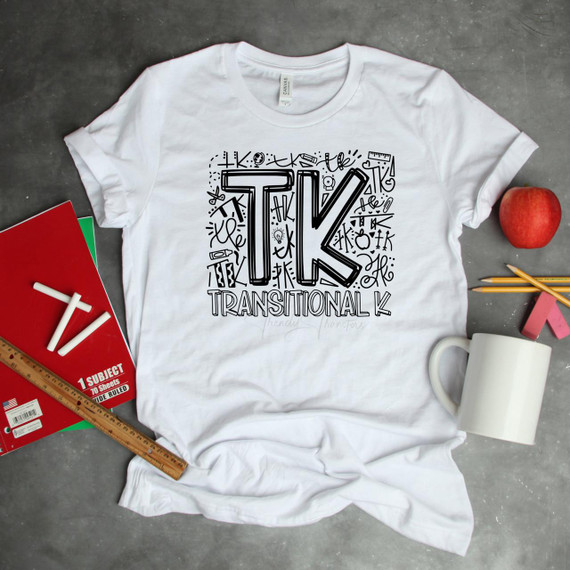 Transitional Kindergarten Typography Word Art Sublimation transfer, white T-shirt with black outlined letters and doodle design.