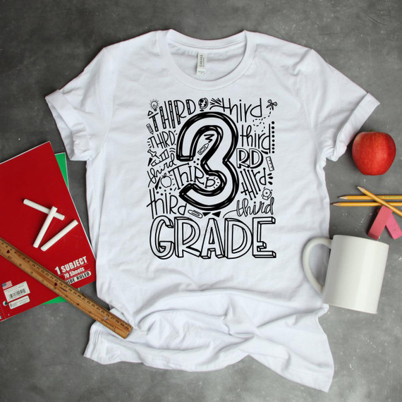 Third Grade Typography Word Art Sublimation Transfer, white T-shirt with black playful text and graphics design for third grade level.