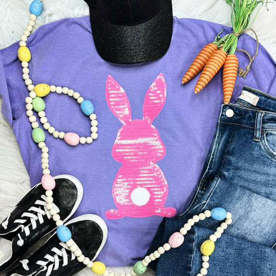 Adult Pink Bunny Sequin Patch, pink bunny sequin patch on purple T-shirt featuring bunny ears and tail design.
