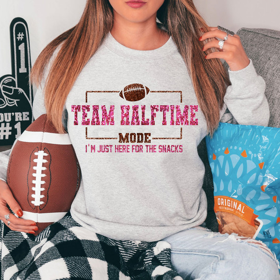 Team Halftime Mode FAUX Glitter DTF Heat Transfer, gray sweatshirt with pink glitter text design for sports fans.