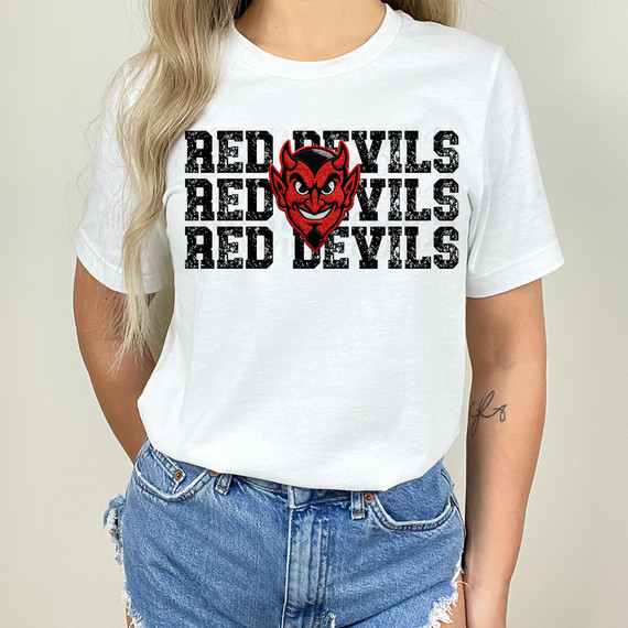 Red Devils Stacked Faux Embroidery DTF Heat Transfer, vibrant red devil mascot graphic on a white T-shirt with black text, casual apparel for fans.
