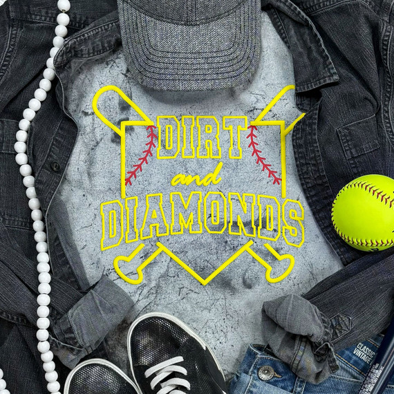 Dirt and Diamonds PUFF Screen Print Heat Transfer, a vibrant yellow and red baseball-themed design with crossed bats and baseball stitched lettering, displayed on casual sportswear.