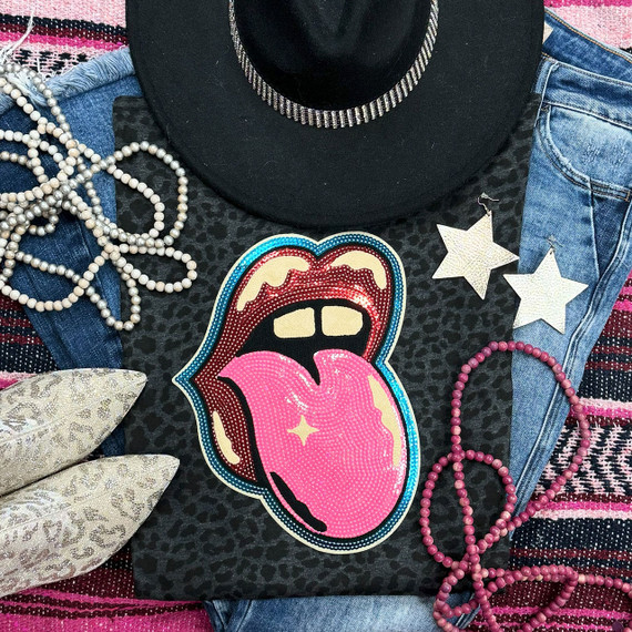 Mouth Sequin Patch, colorful rhinestone embellishment depicting a mouth with tongue sticking out.