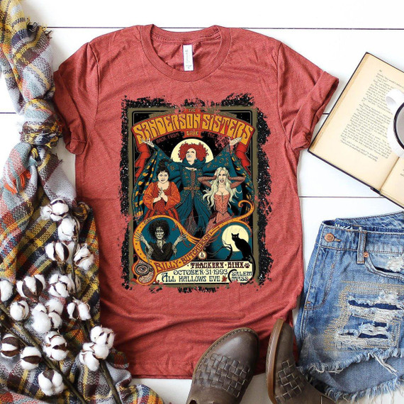 Vintage Sanderson Sisters Screen Print Heat Transfer, featuring a colorful illustration of the Sanderson Sisters from the Halloween movie, with text details about a-themed event on October 31, 1993.