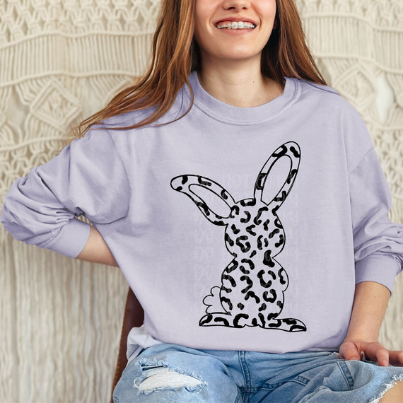 Leopard Bunny BLACK DTF Heat Transfer, black leopard print bunny graphic on a pastel purple sweatshirt.
