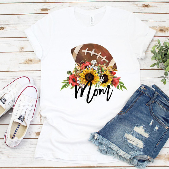 Floral Football Mom Sublimation Transfer, custom floral football mom t-shirt design with sunflower and flower arrangement and football graphic.