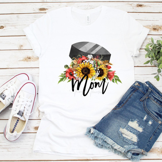 Floral Hockey Mom Sublimation Transfer, white T-shirt with sunflower and flower design for moms of hockey players.