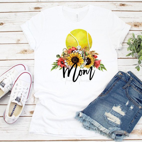 Floral Tennis Mom Sublimation Transfer, white t-shirt with a colorful design of flowers and a tennis ball and the word 'Mom' printed on it.