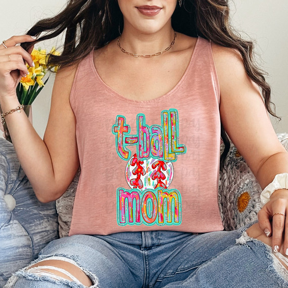T-Ball Mom Glitz DTF Heat Transfer, colorful glittery design on a pink tank top featuring the words 'T-ball Mom' with a baseball and red bows.