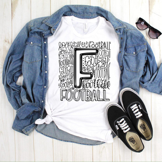 Football Typography Sublimation Transfer, black and white graphic t-shirt with football-themed typography and design elements.