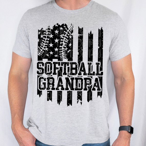 Softball Grandpa Distressed DTF Heat Transfer, image of a T-shirt with a distressed black and white softball graphic and text design saying 'Softball Grandpa'.
