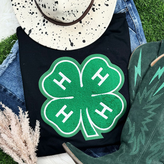 4H Green Chenille Patch, a vibrant green fabric four-leaf clover patch with white outline and white 4H letter embroidery.