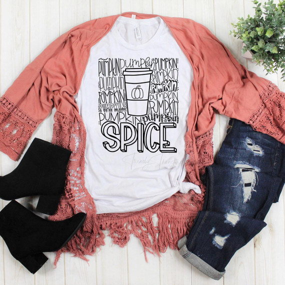 Pumpkin Spice typography Sublimation Transfer, a printed design featuring a coffee cup and the word 'SPICE' surrounded by various 'pumpkin' texts on a white t-shirt.