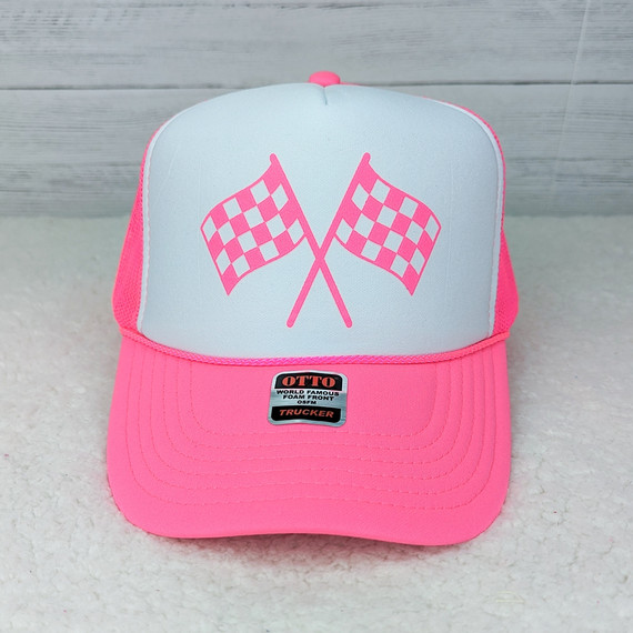 Neon PINK Checkered Flags Hat/Pocket Screen Print Heat Transfer, pink and white trucker cap with checkered flags graphic on the front.