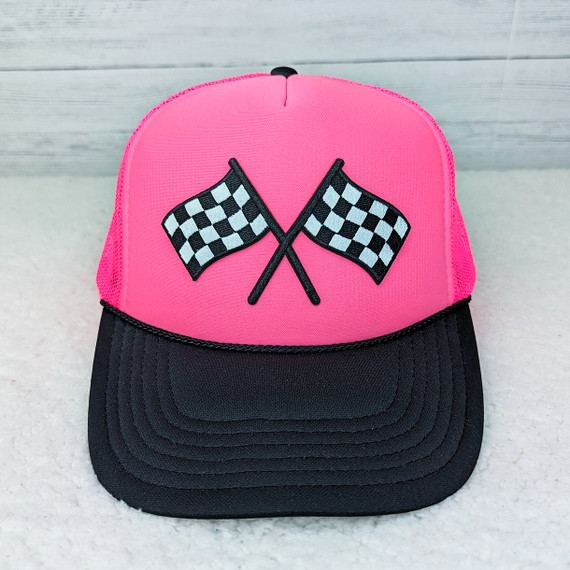 Checkered Flags HAT/POCKET Embroidered Patch, bright pink and black trucker cap featuring embroidered checkered flag patches on the front.