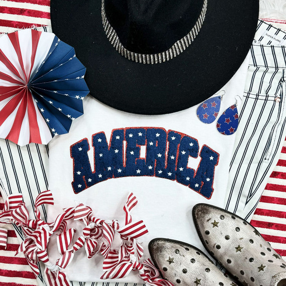 America Blue Chenille with White Stars Patch, patriotic apparel and accessories with American flag-inspired design.