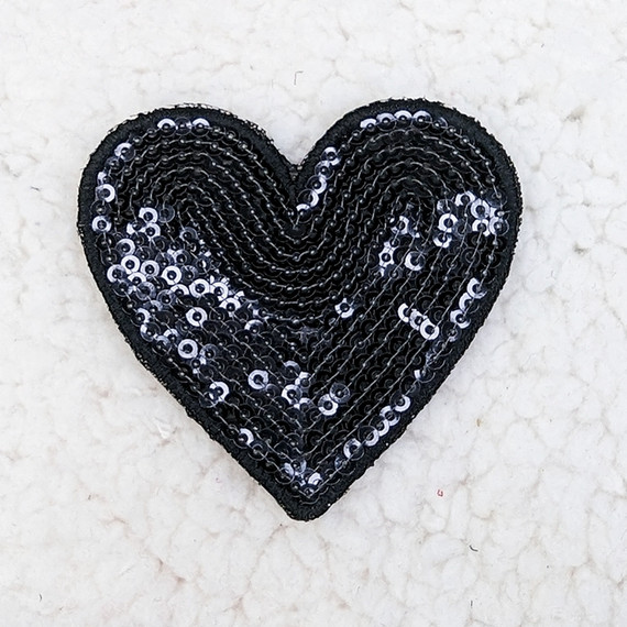 BLACK sequin heart HAT/POCKET Patch, a decorative black heart-shaped patch adorned with shimmering sequins, perfect for clothing or accessories embellishment.