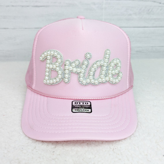 BRIDE Pearl Sparkle HAT/POCKET HEAT PRESS Patch, pink trucker cap with the word 'Bride' embellished with pearl and rhinestone accents.