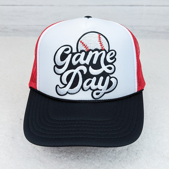 Oversized Game Day Baseball Hat with Embroidered Patch, black and white trucker cap with red mesh sides and a baseball graphic with red stitching on the front.