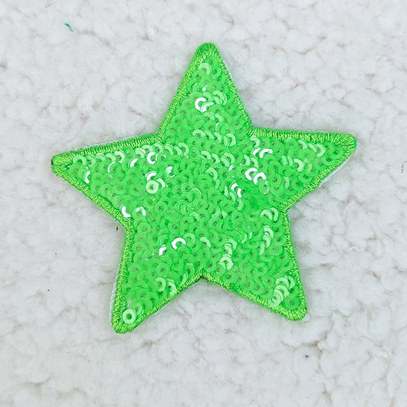 NEON GREEN sequin STAR HAT/POCKET Patch, a vibrant star-shaped patch decorated with shiny sequins and a green embroidered border.