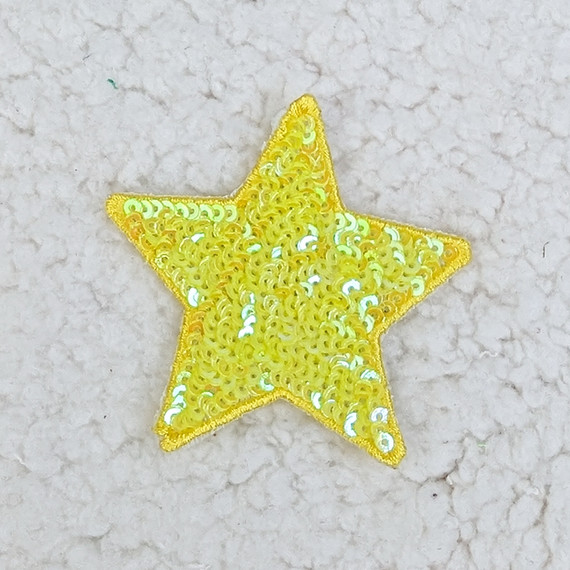 YELLOW sequin STAR HAT/POCKET Patch, bright yellow star-shaped patch decorated with sequins for embellishing hats, clothing, or accessories.
