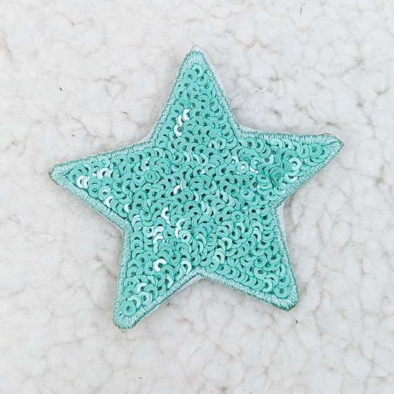MINT sequin STAR HAT/POCKET Patch, a star-shaped patch covered in shiny mint-colored sequins with a fabric border.