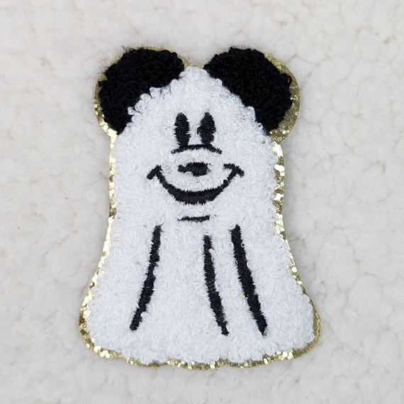 Mouse Ghost Glitter Chenille HAT/POCKET Patch, a fluffy embroidered patch featuring a cartoon mouse with glitter accents and a smiling face, designed for clothing or accessories.