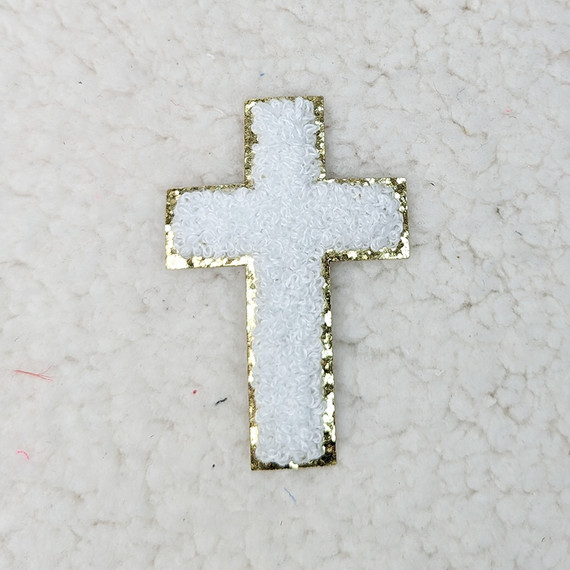 WHITE CROSS Glitter Chenille HAT/POCKET Patch, decorative white chenille cross patch with glittery gold border for clothing or accessories.