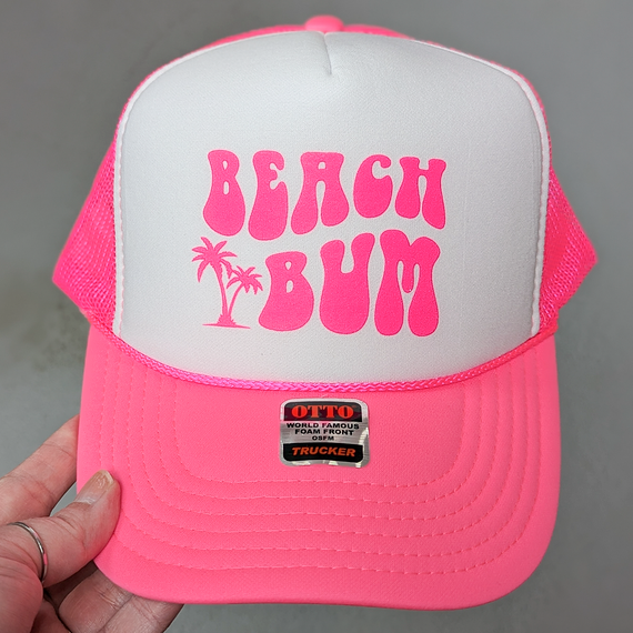 Beach Bum Hat/Pocket  Neon PINK Screen Print Heat Transfer