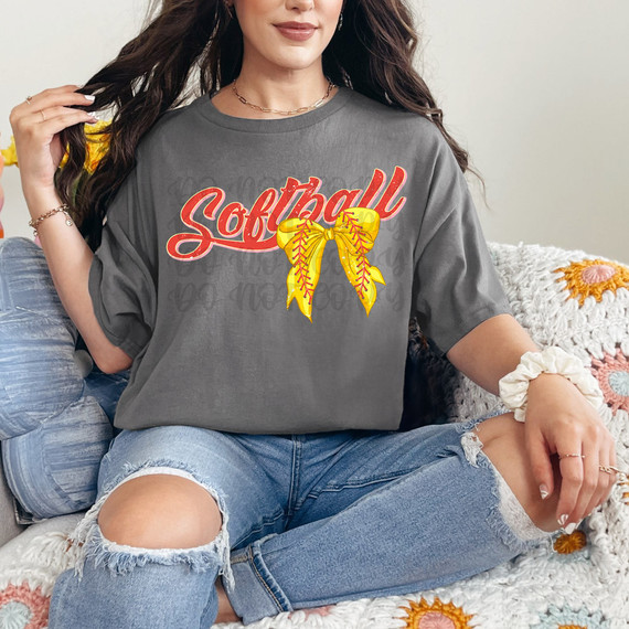 Softball Bow DTF Heat Transfer, colorful yellow softball bow design on a gray t-shirt.