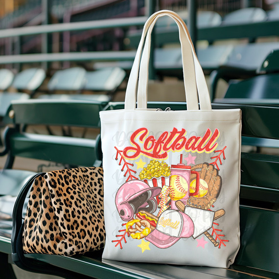 Softball Muted Collage DTF Heat Transfer, decorative tote bag with softball and sports-themed graphics displayed on a park bench