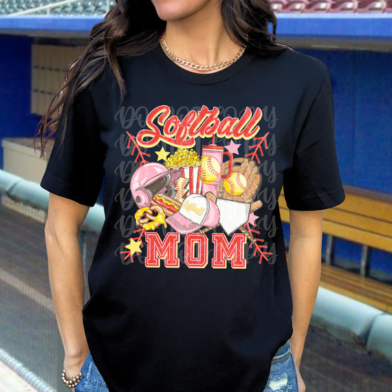 Softball Mom Muted DTF Heat Transfer, t-shirt with colorful softball-themed design and text for softball moms.