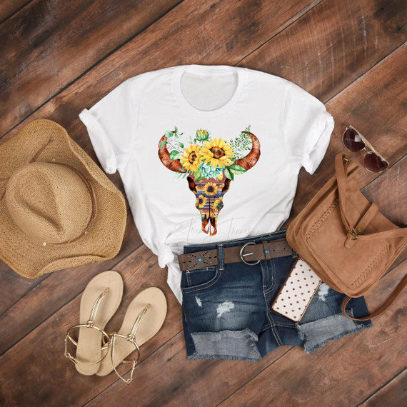 Sunflower Serape Bull skull Sublimation Transfer, product image of a custom-designed T-shirt with sunflower and bull skull design.