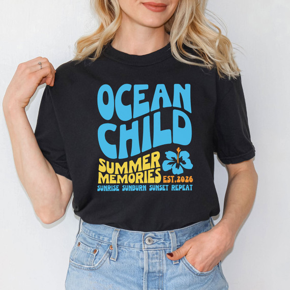 Ocean Child DTF Heat Transfer, colorful graphic t-shirt design showcasing summer and ocean-themed imagery.