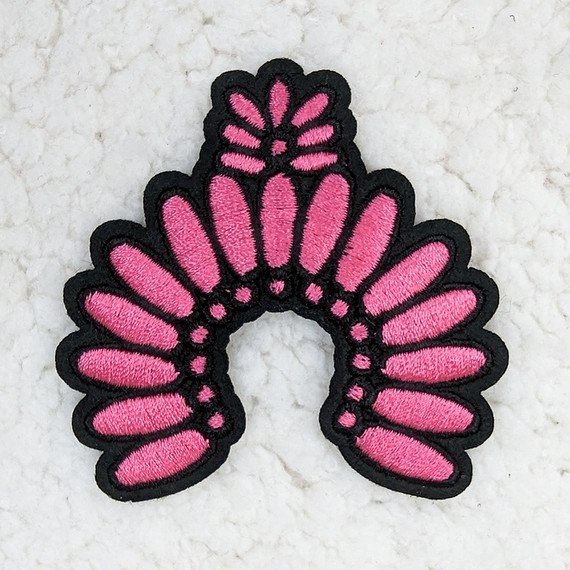 Pink Squash Blossom Embroidered HAT/POCKET Patch, decorative pink embroidery with black outline shaped like a blossom flower.