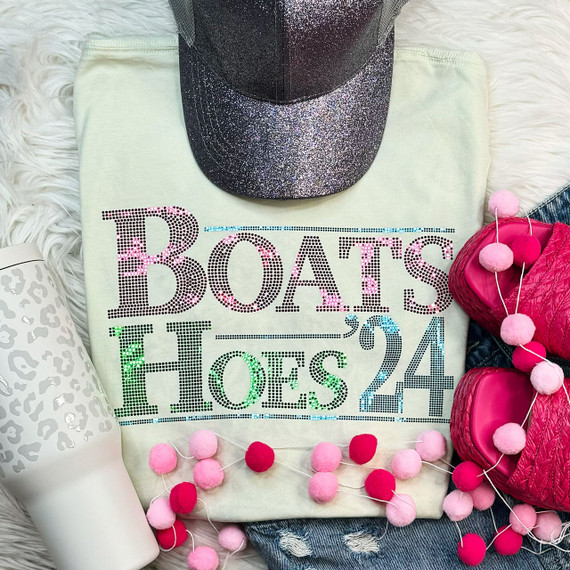 Boats Hoes 24 Spangled Transfer, a colorful and sparkly transfer design featuring the text 'BOATS HOES 24', decorated with pink and green glitter accents.