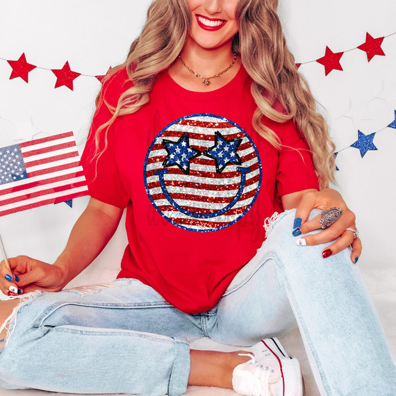 Faux Sequins Stars & Stripes Happy Face DTF Heat Transfer